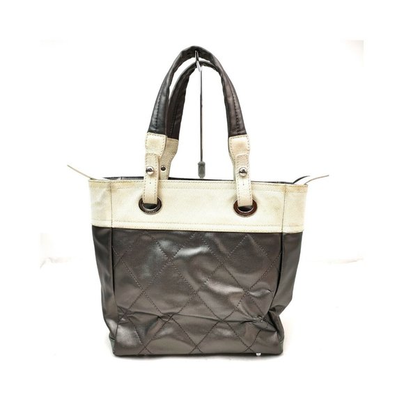 CHANEL Biarritz Paris Metallic Quilted Coated C Gray Beige Leather Canvas Tote - Picture 7 of 13